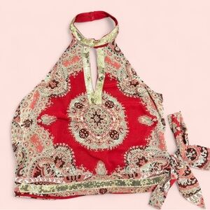 Vintage XOXO Y2K Red Sequin Halter Top Boho Festival Glam 2000s